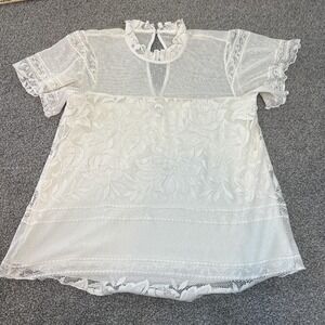 Show Me Your Mumu Floral Lace Blouse Womens XS White Ruffle‎ Mock Neck Sheer Top